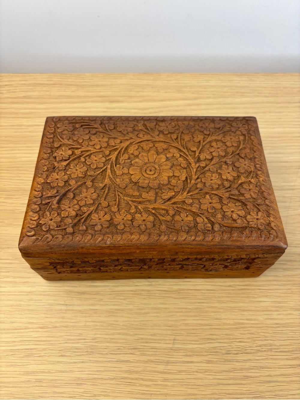 Vintage Hand Carved Wooden Floral Trinket Box